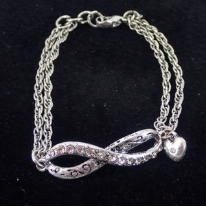Silver Heart Infinity Forever Love Bracelet 7.5" Double Chain w/ Rhinestone